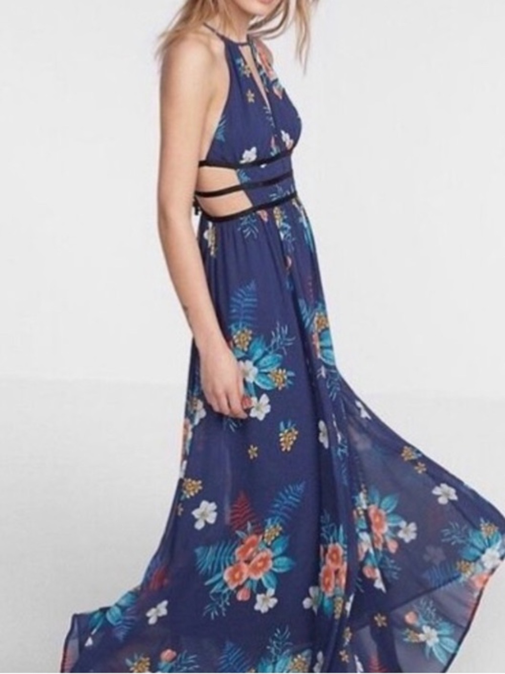 Express Tropical Floral Halter Maxi Dress Open Back Cutout Navy Blue Small